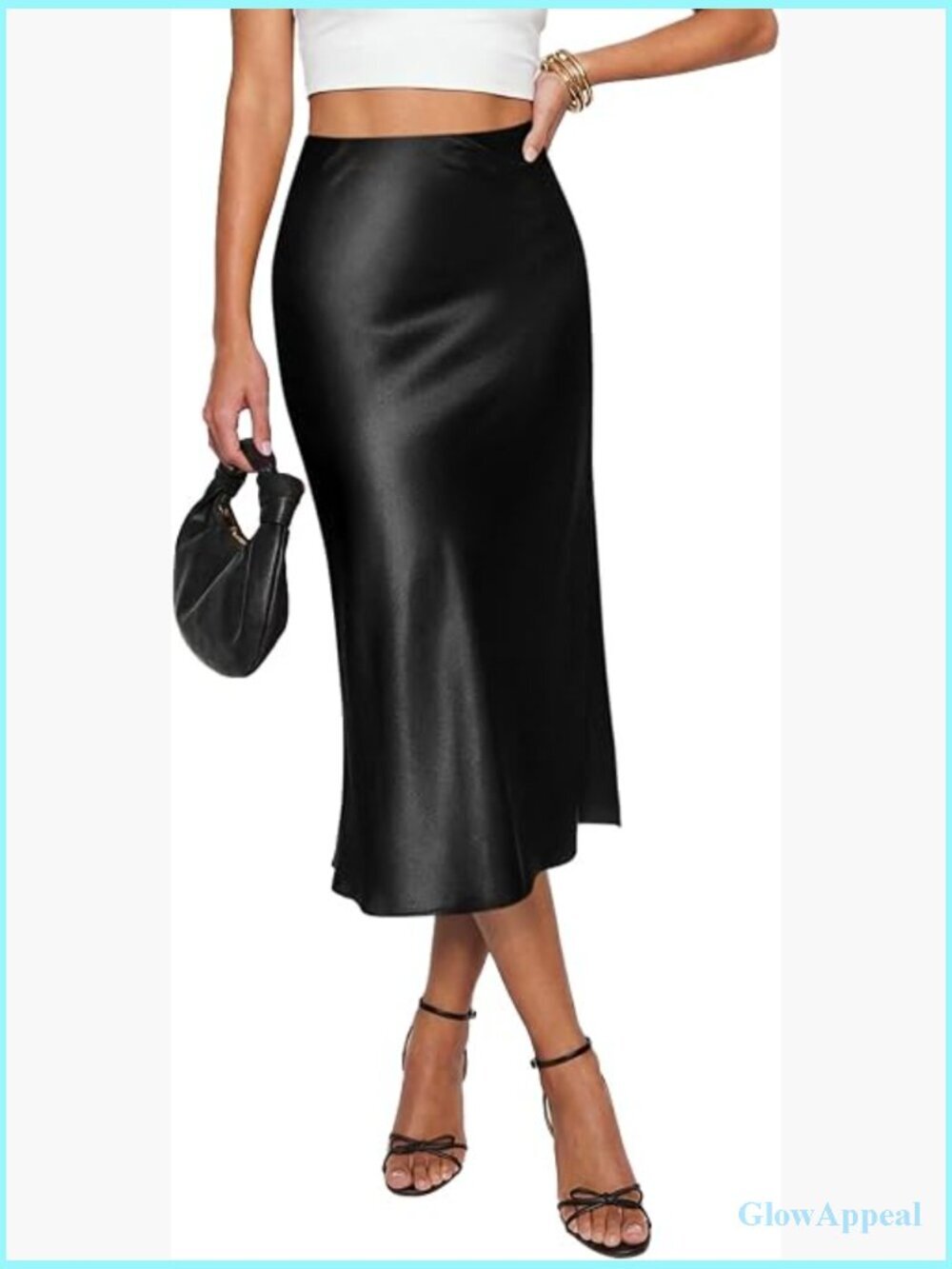 High Waisted A-Line Midi Skirt with Side Slit - Flowy Satin